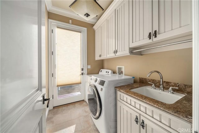 35655 52nd St E, Palmdale, CA 93552 - laundry room with independent washer and dryer, cabinet space, light tile patterned flooring, and crown molding