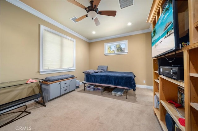 35655 52nd St E, Palmdale, CA 93552 - bedroom featuring ornamental molding, light carpet, recessed lighting, and ceiling fan