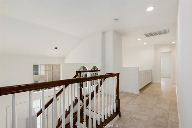 5527 Patricia Way, Yorba Linda, CA 92887 - corridor with an upstairs landing, recessed lighting, vaulted ceiling, and a chandelier