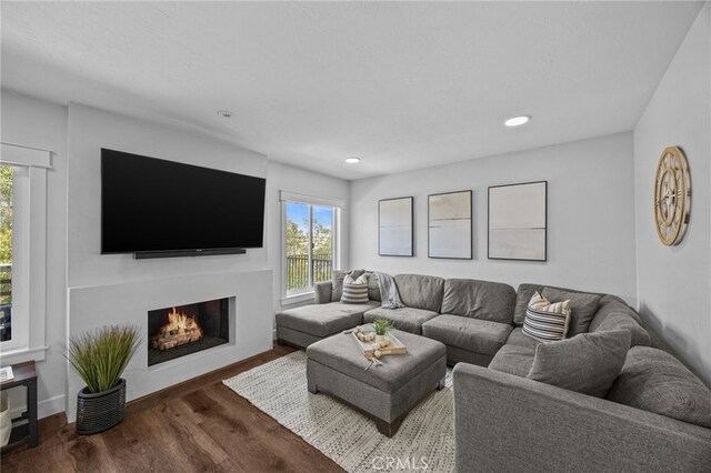 23414 Highcrest Rd, Dana Point, CA 92629 - living area featuring a lit fireplace, wood finished floors, and recessed lighting