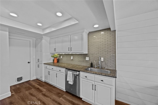 23414 Highcrest Rd, Dana Point, CA 92629 - kitchen featuring dishwasher, backsplash, white cabinets, dark stone countertops, and recessed lighting
