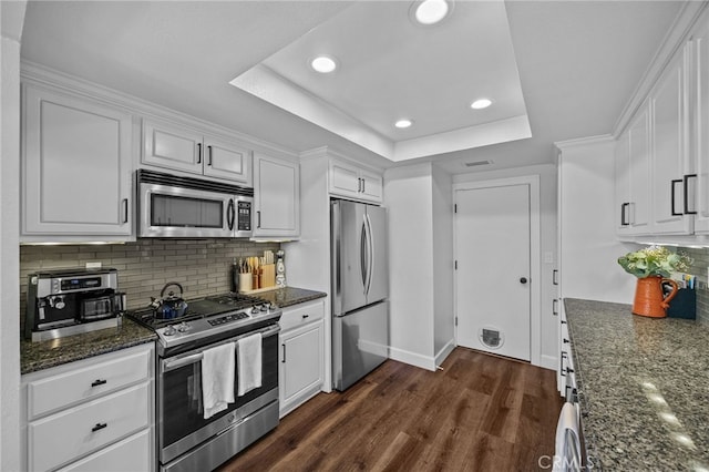 23414 Highcrest Rd, Dana Point, CA 92629 - kitchen featuring appliances with stainless steel finishes, a raised ceiling, white cabinetry, and recessed lighting