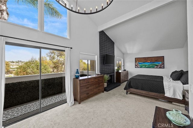 23414 Highcrest Rd, Dana Point, CA 92629 - bedroom featuring high vaulted ceiling, carpet flooring, a chandelier, and access to exterior