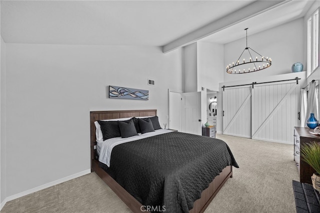 23414 Highcrest Rd, Dana Point, CA 92629 - bedroom with carpet, a chandelier, a barn door, and high vaulted ceiling