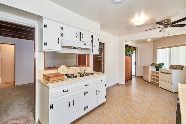 30 N Vega St, Alhambra, CA 91801 - kitchen featuring washer / dryer, white gas stovetop, custom range hood, light countertops, and a ceiling fan