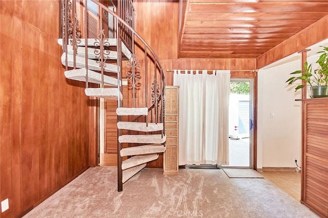 30 N Vega St, Alhambra, CA 91801 - carpeted entrance foyer with stairway, wood ceiling, and wooden walls