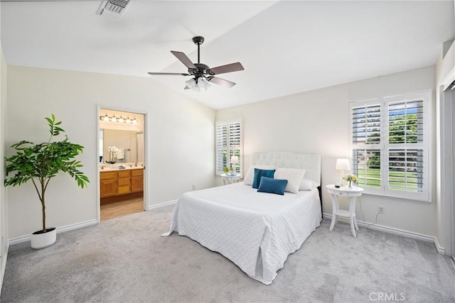19177 White Dove Ln, Riverside, CA 92508 - carpeted bedroom featuring vaulted ceiling, ensuite bathroom, and ceiling fan