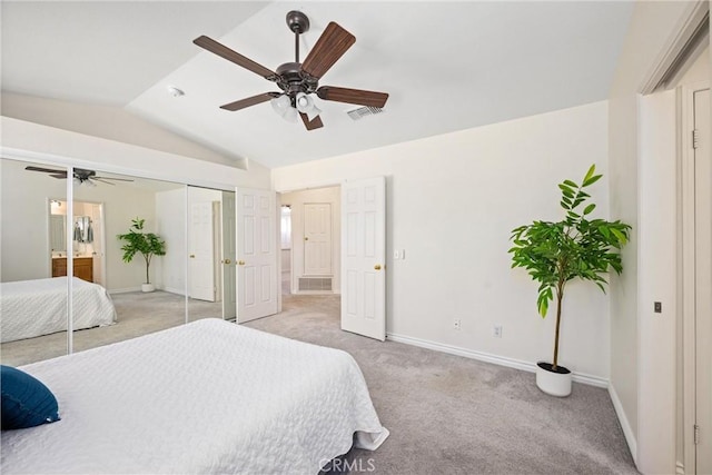 19177 White Dove Ln, Riverside, CA 92508 - bedroom with vaulted ceiling, light colored carpet, a ceiling fan, and ensuite bathroom