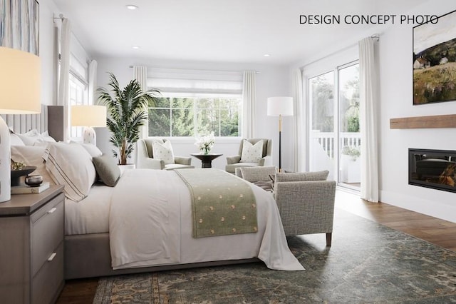 1736 Voorhees Ave, Manhattan Beach, CA 90266 - bedroom featuring dark wood-style floors, access to exterior, a glass covered fireplace, and recessed lighting