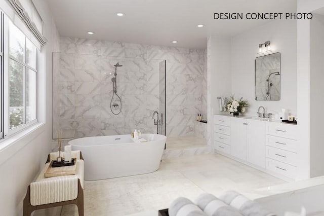 1736 Voorhees Ave, Manhattan Beach, CA 90266 - full bath featuring a freestanding bath, plenty of natural light, a tile shower, vanity, and recessed lighting