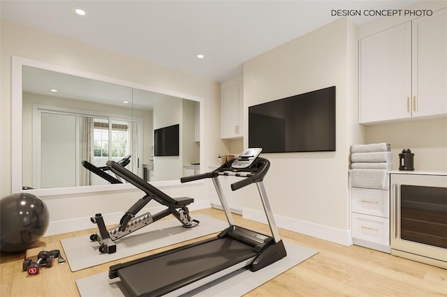 1716 6th St, Manhattan Beach, CA 90266 - exercise room with beverage cooler, light wood-style floors, and recessed lighting