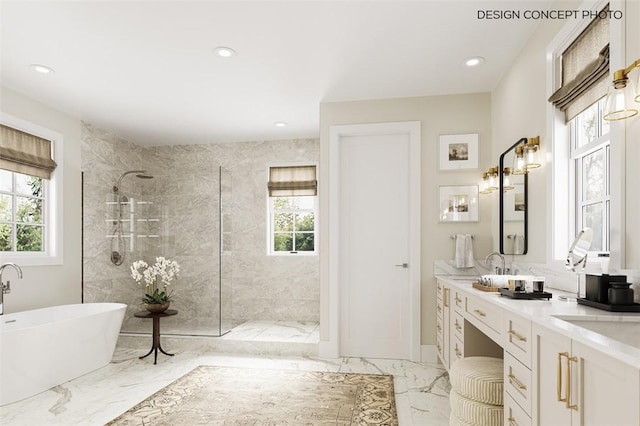 1716 6th St, Manhattan Beach, CA 90266 - bathroom with healthy amount of natural light, marble tiled floors, a walk in shower, double vanity, and recessed lighting