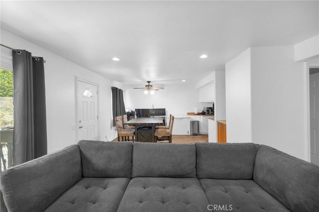 382 S Miraleste Dr Unit 450, San Pedro, CA 90732 - living room featuring recessed lighting, a ceiling fan, and light wood-style flooring