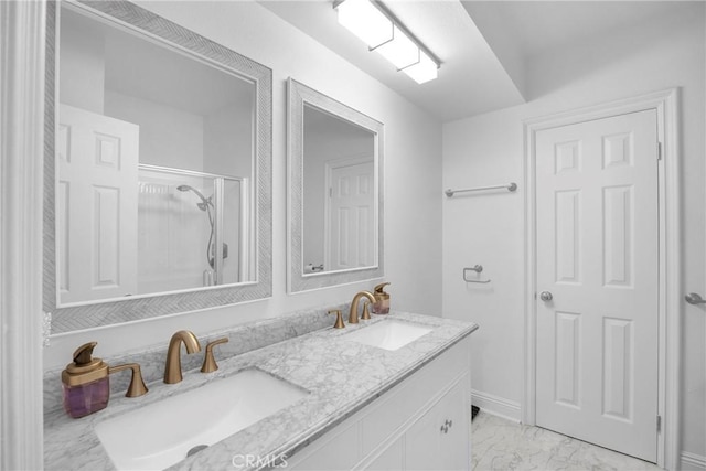382 S Miraleste Dr Unit 450, San Pedro, CA 90732 - full bath with a shower stall, double vanity, and marble finish floors