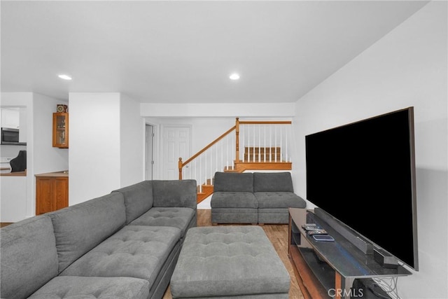 382 S Miraleste Dr Unit 450, San Pedro, CA 90732 - living room with stairs, wood finished floors, and recessed lighting