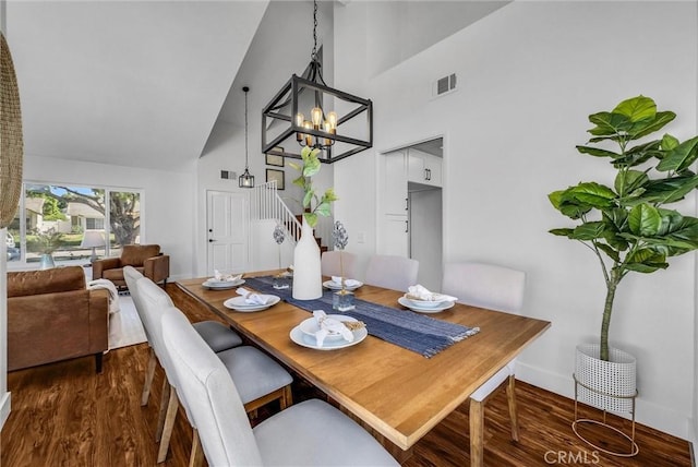 1251 Mayfair Dr, Corona, CA 92882 - dining space featuring high vaulted ceiling, dark wood finished floors, stairs, and a chandelier