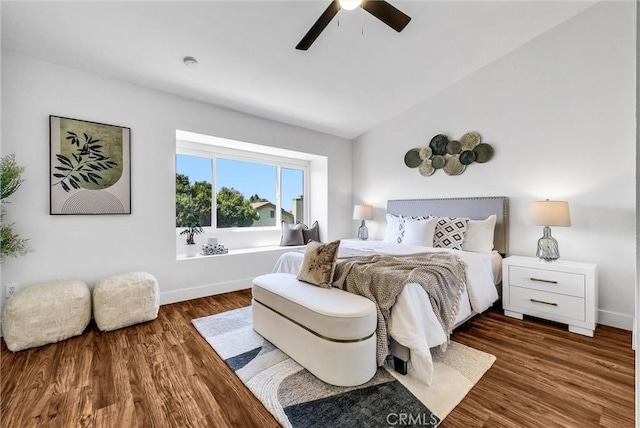 1251 Mayfair Dr, Corona, CA 92882 - bedroom with lofted ceiling, wood finished floors, and a ceiling fan