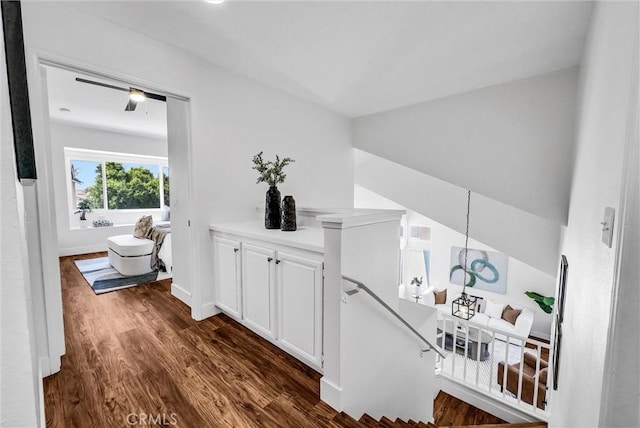 1251 Mayfair Dr, Corona, CA 92882 - hall featuring an upstairs landing and dark wood finished floors