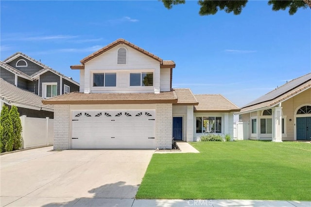 1251 Mayfair Dr, Corona, CA 92882 - traditional-style house with a tile roof, driveway, a garage, and brick siding