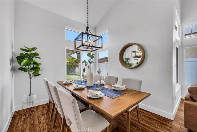 1251 Mayfair Dr, Corona, CA 92882 - dining area featuring a chandelier, high vaulted ceiling, and wood finished floors