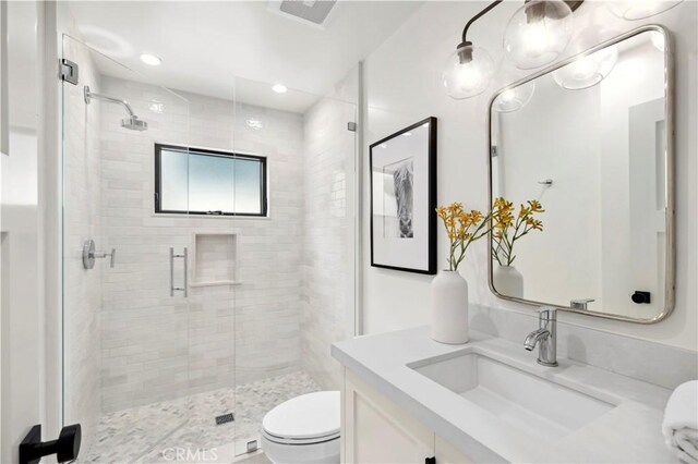 246 Fairview St, Laguna Beach, CA 92651 - bathroom with a shower stall, vanity, and recessed lighting