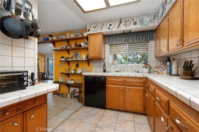 28839 Carmel Rd, Menifee, CA 92586 - kitchen featuring dishwasher, open shelves, backsplash, and light tile patterned floors