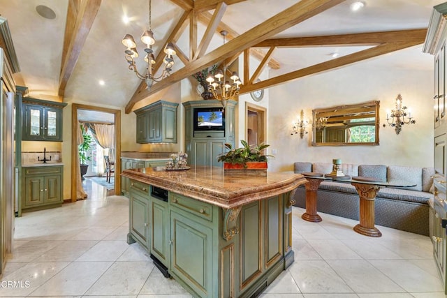 1205 Linda Vista Ave, Pasadena, CA 91103 - kitchen featuring green cabinets, open floor plan, a chandelier, light tile patterned floors, and a center island