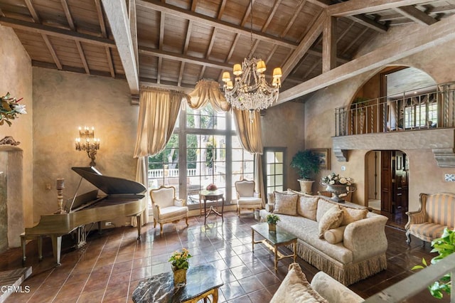 1205 Linda Vista Ave, Pasadena, CA 91103 - living area featuring a chandelier, a wooden ceiling with exposed beams, and high vaulted ceiling