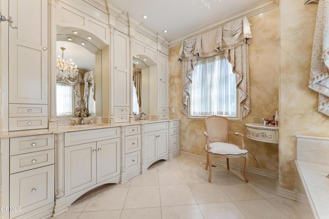 1205 Linda Vista Ave, Pasadena, CA 91103 - full bathroom featuring crown molding, double vanity, a chandelier, a bathtub, and tile patterned flooring