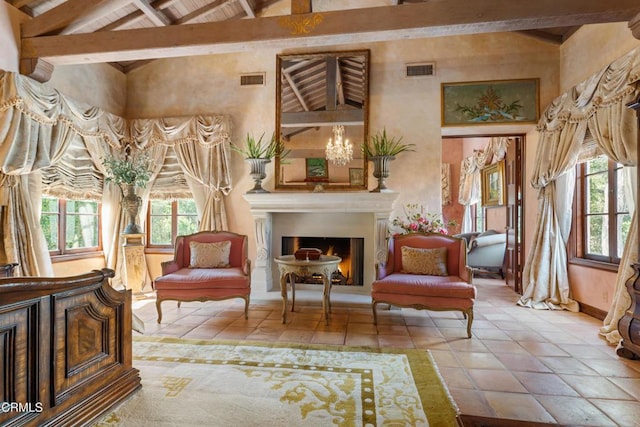 1205 Linda Vista Ave, Pasadena, CA 91103 - living area with healthy amount of natural light, high vaulted ceiling, a warm lit fireplace, a wooden ceiling with exposed beams, and a chandelier