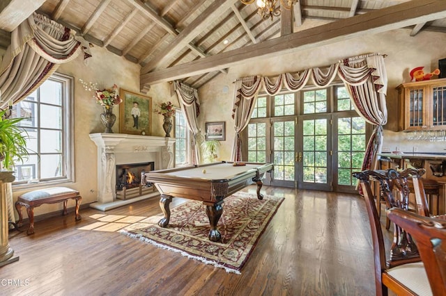 1205 Linda Vista Ave, Pasadena, CA 91103 - rec room with high vaulted ceiling, billiards table, a wood ceiling with exposed beams, a warm lit fireplace, and wood finished floors