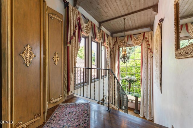 1205 Linda Vista Ave, Pasadena, CA 91103 - entryway with a wood ceiling with exposed beams, a chandelier, and wood finished floors