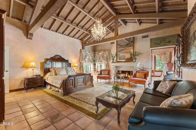 1205 Linda Vista Ave, Pasadena, CA 91103 - bedroom featuring a chandelier, a wooden ceiling with exposed beams, high vaulted ceiling, and a warm lit fireplace