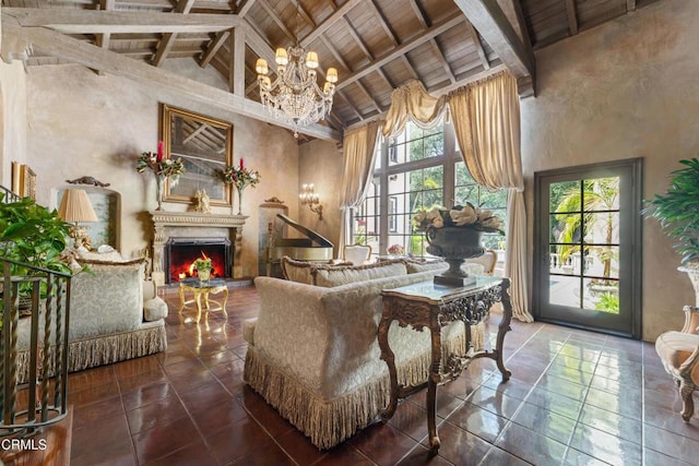 1205 Linda Vista Ave, Pasadena, CA 91103 - living room featuring high vaulted ceiling, a wooden ceiling with exposed beams, a warm lit fireplace, and a chandelier
