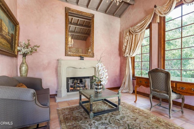 1205 Linda Vista Ave, Pasadena, CA 91103 - living room with wood ceiling, a glass covered fireplace, and light tile patterned floors