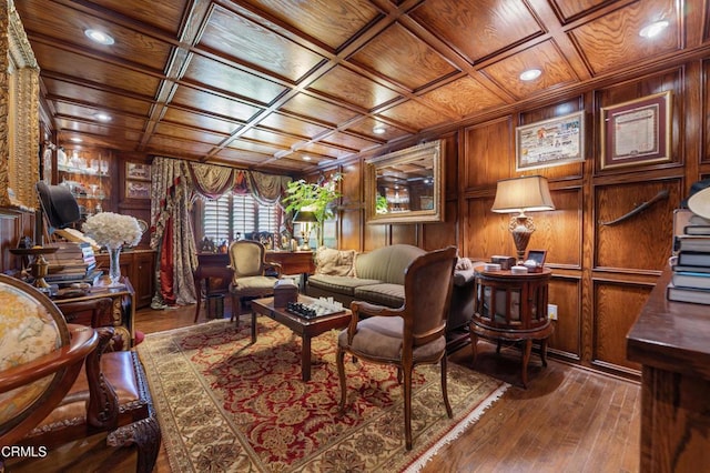 1205 Linda Vista Ave, Pasadena, CA 91103 - sitting room with wooden ceiling, dark wood-type flooring, wooden walls, and recessed lighting