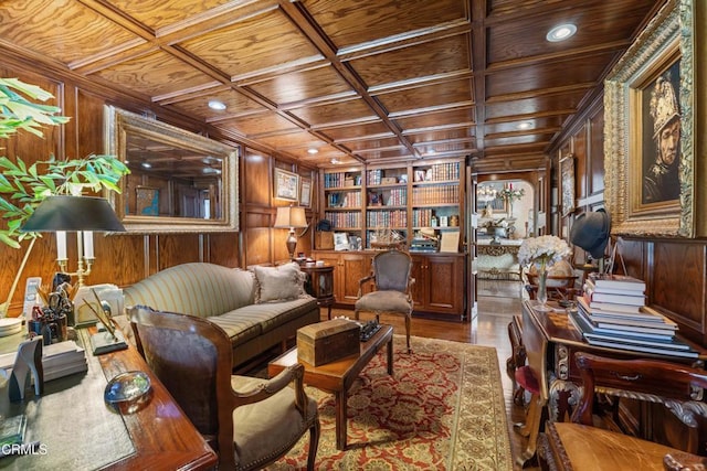 1205 Linda Vista Ave, Pasadena, CA 91103 - home office with wooden ceiling, wood walls, wood finished floors, and built in features