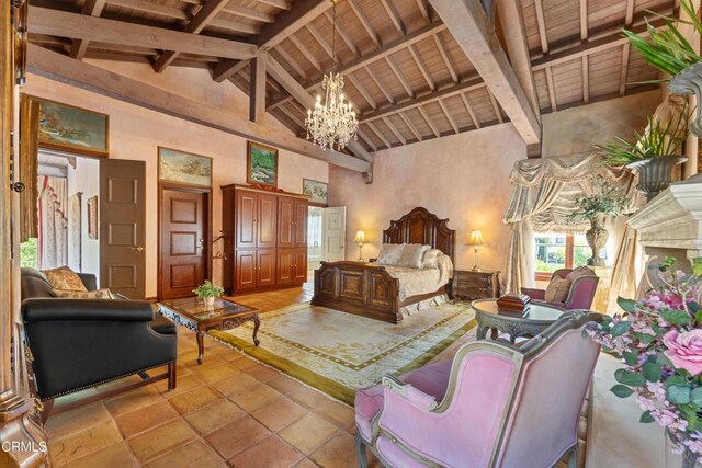 1205 Linda Vista Ave, Pasadena, CA 91103 - bedroom featuring high vaulted ceiling, a chandelier, and a wooden ceiling with exposed beams
