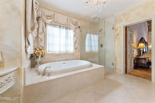 1205 Linda Vista Ave, Pasadena, CA 91103 - full bathroom featuring a garden tub, a shower stall, tile patterned flooring, a chandelier, and crown molding