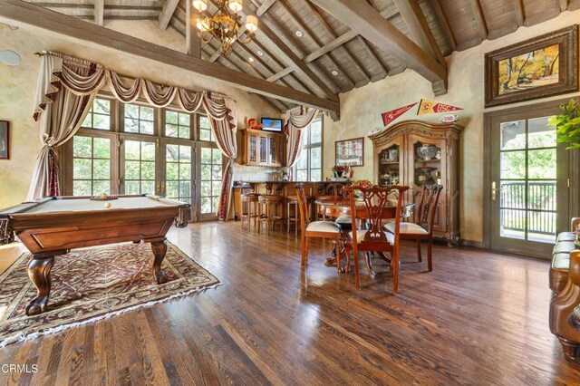 1205 Linda Vista Ave, Pasadena, CA 91103 - playroom featuring high vaulted ceiling, plenty of natural light, billiards table, wood finished floors, and a wood ceiling with exposed beams