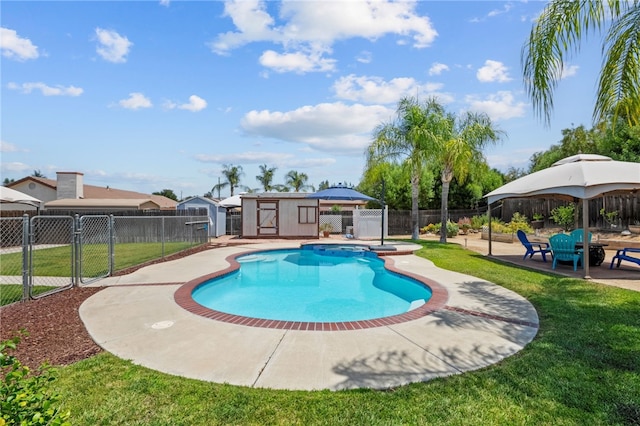 32618 Durango Ct, Wildomar, CA 92595 - view of swimming pool with a shed, a fenced backyard, a gazebo, and a patio