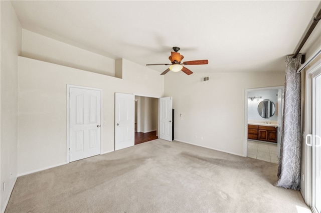 32618 Durango Ct, Wildomar, CA 92595 - unfurnished bedroom featuring carpet flooring, lofted ceiling, connected bathroom, and a ceiling fan