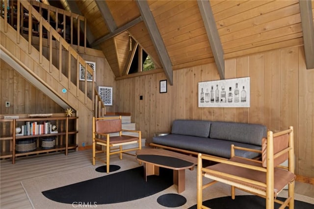 350 S Fairway Dr, Lake Arrowhead, CA 92352 - carpeted living room featuring wooden walls, wooden ceiling, and stairway