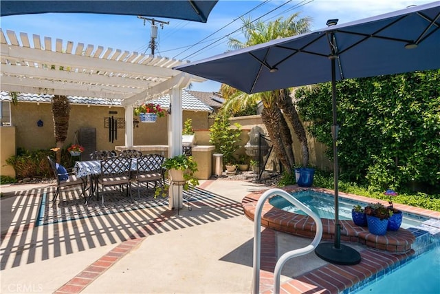 3191 Woodstock Rd, Rossmoor, CA 90720 - view of patio / terrace featuring outdoor dining space, a pergola, and a pool with connected hot tub
