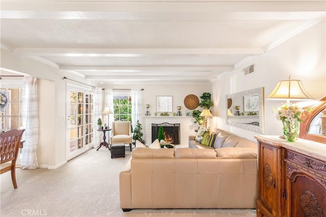 3191 Woodstock Rd, Rossmoor, CA 90720 - living area with beamed ceiling, light colored carpet, a brick fireplace, and ornamental molding