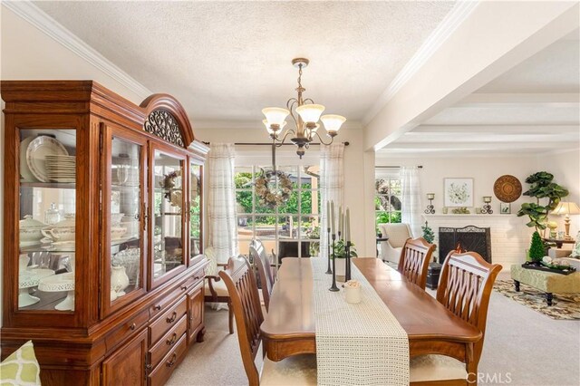 3191 Woodstock Rd, Rossmoor, CA 90720 - dining space with light carpet, a chandelier, crown molding, a textured ceiling, and a brick fireplace