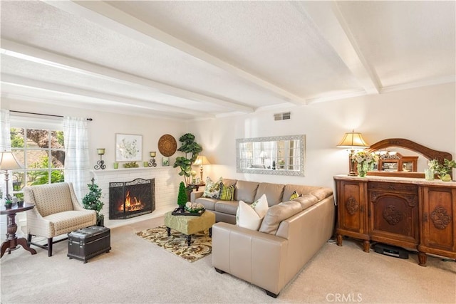 3191 Woodstock Rd, Rossmoor, CA 90720 - living area with carpet flooring, beamed ceiling, and a brick fireplace