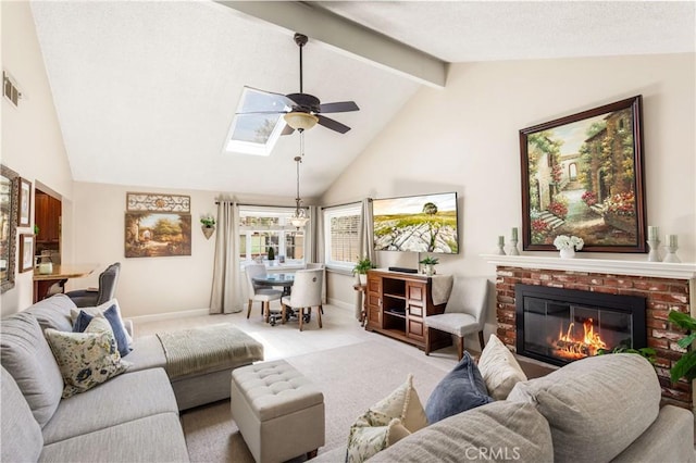 3191 Woodstock Rd, Rossmoor, CA 90720 - living area featuring ceiling fan, light carpet, a brick fireplace, beamed ceiling, and a skylight