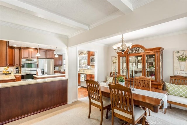 3191 Woodstock Rd, Rossmoor, CA 90720 - dining area featuring beam ceiling, a chandelier, light carpet, and ornamental molding
