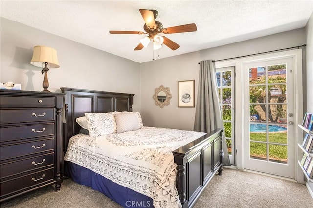 3191 Woodstock Rd, Rossmoor, CA 90720 - bedroom with light colored carpet, access to exterior, and ceiling fan